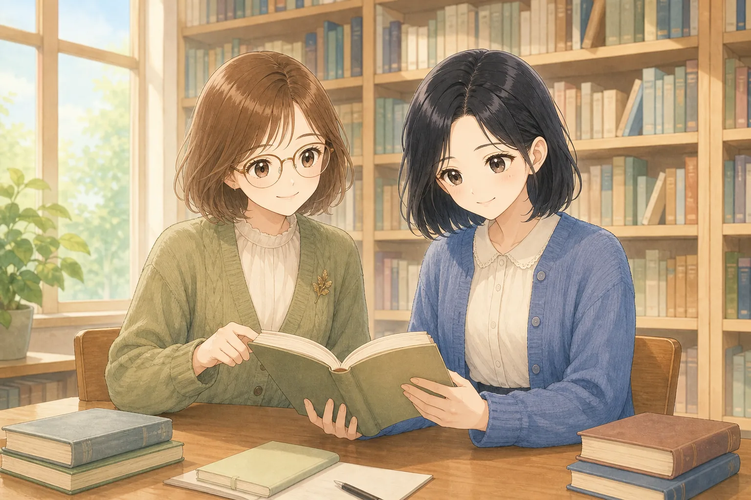 小野寺琴葉先生、青山栞が図書室で読書会を楽しむ様子