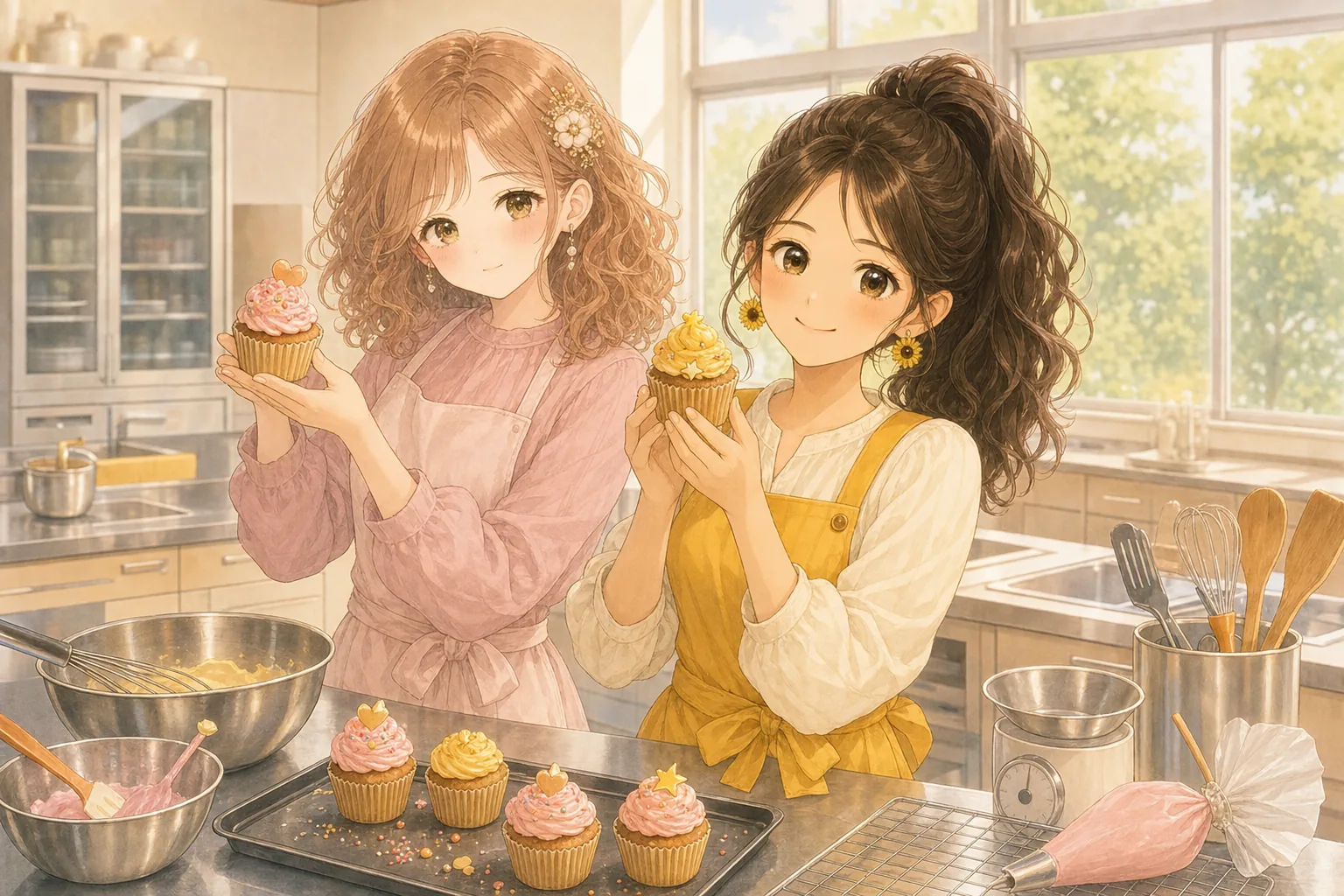 桃瀬美羽、夏川ひよりが調理室でカップケーキ作りを楽しむ様子