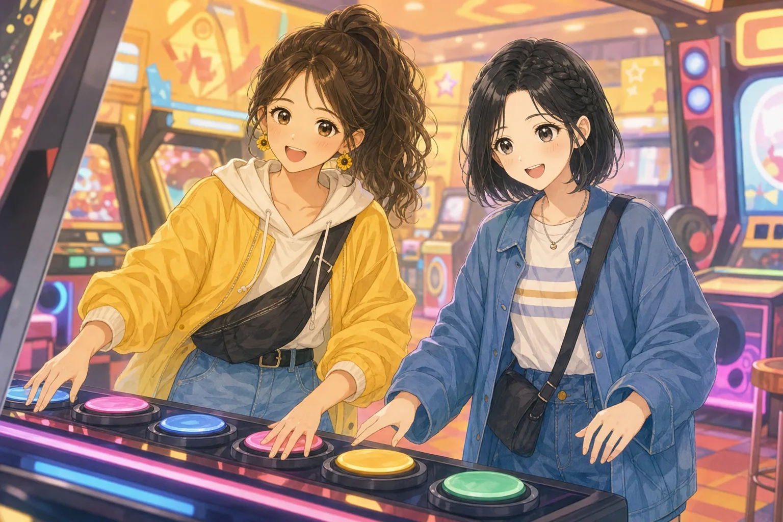 夏川ひより、青山栞がゲームセンターで協力プレイを楽しむ様子