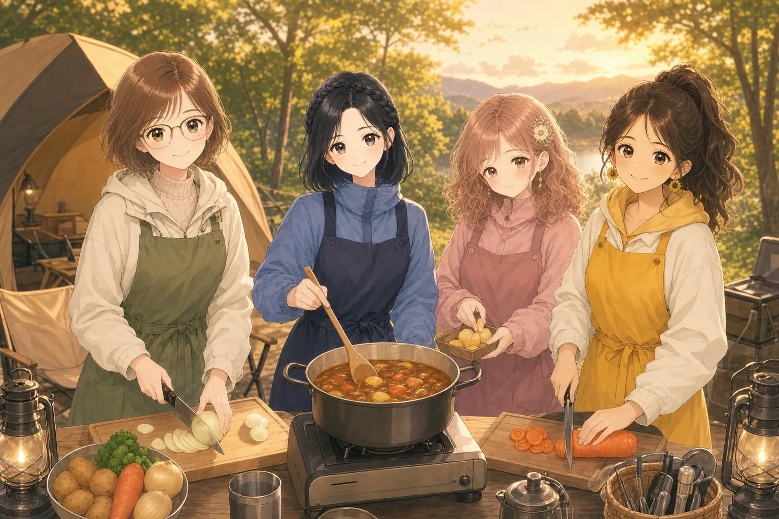 小野寺琴葉先生、青山栞、桃瀬美羽、夏川ひよりがキャンプでカレー作りを楽しむ様子