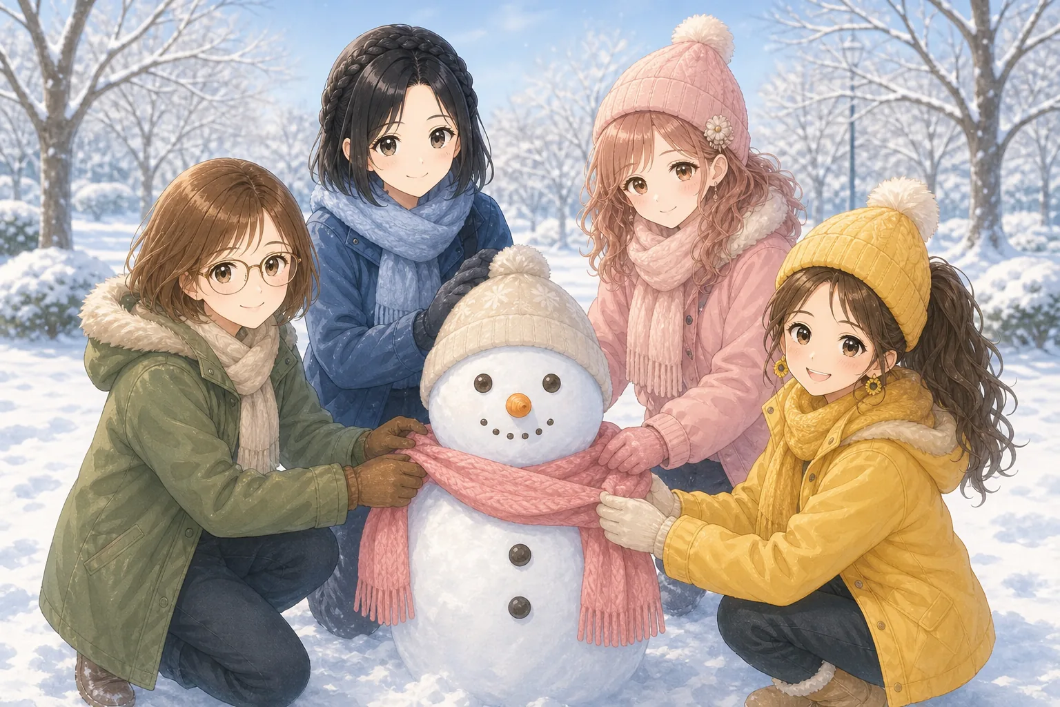 小野寺琴葉先生、青山栞、桃瀬美羽、夏川ひよりが雪だるま作りを楽しむ様子