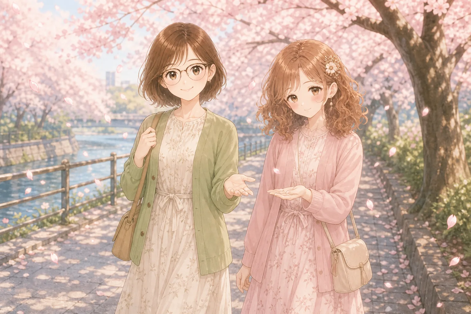 小野寺琴葉先生、桃瀬美羽が桜並木をお散歩を楽しむ様子