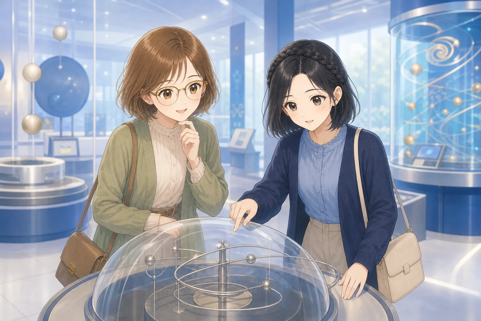 小野寺琴葉先生、青山栞が科学館の体験展示を楽しむ様子