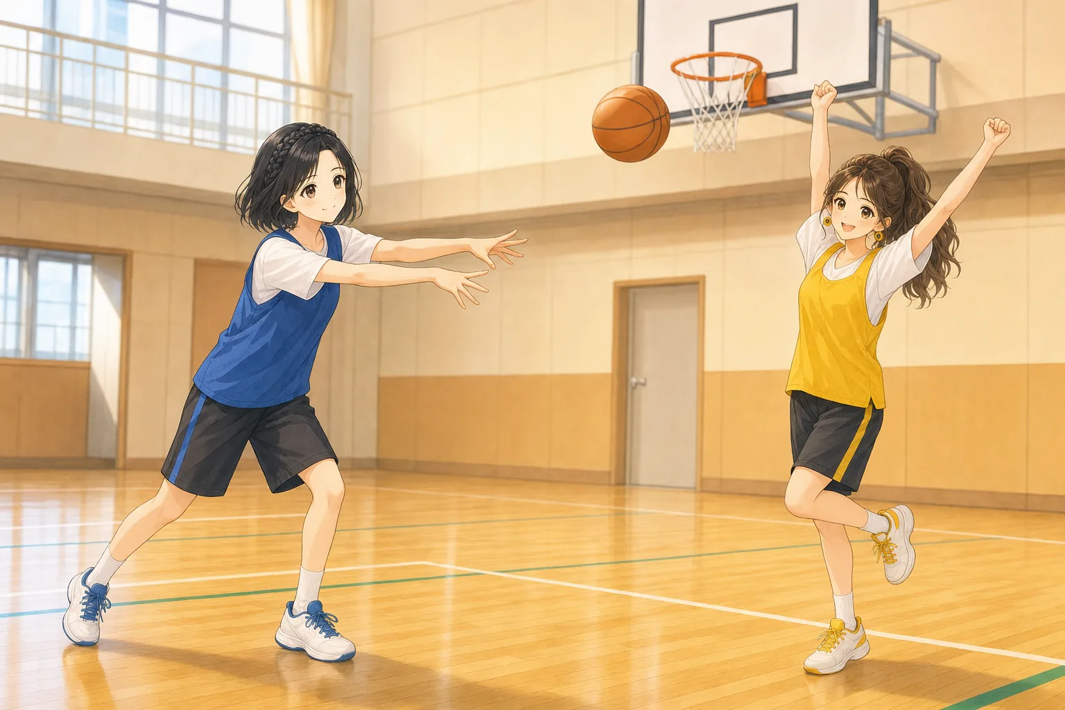 青山栞、夏川ひよりが体育館でバスケットボールを楽しむ様子