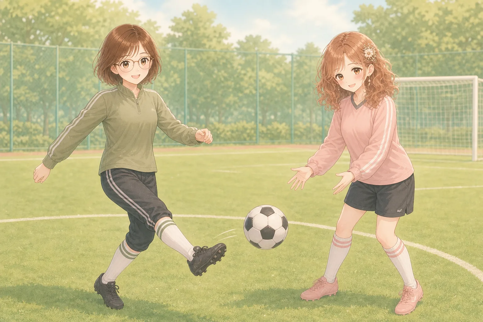 小野寺琴葉先生、桃瀬美羽がグラウンドでサッカー練習を楽しむ様子