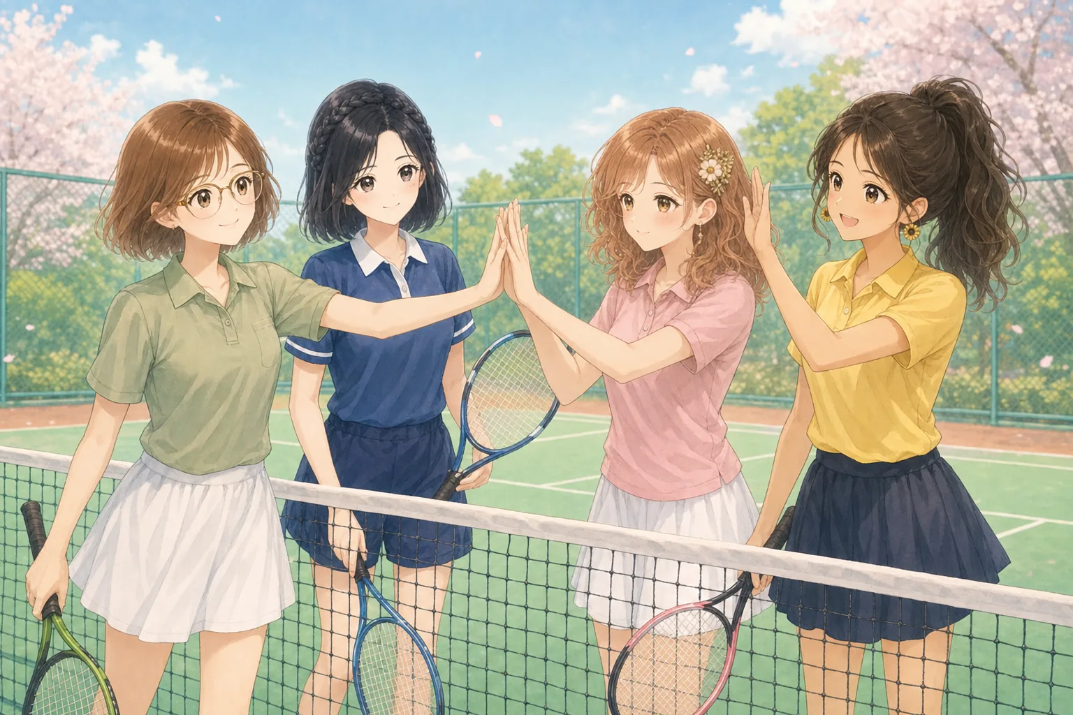 小野寺琴葉先生、青山栞、桃瀬美羽、夏川ひよりがテニスのダブルスを楽しむ様子